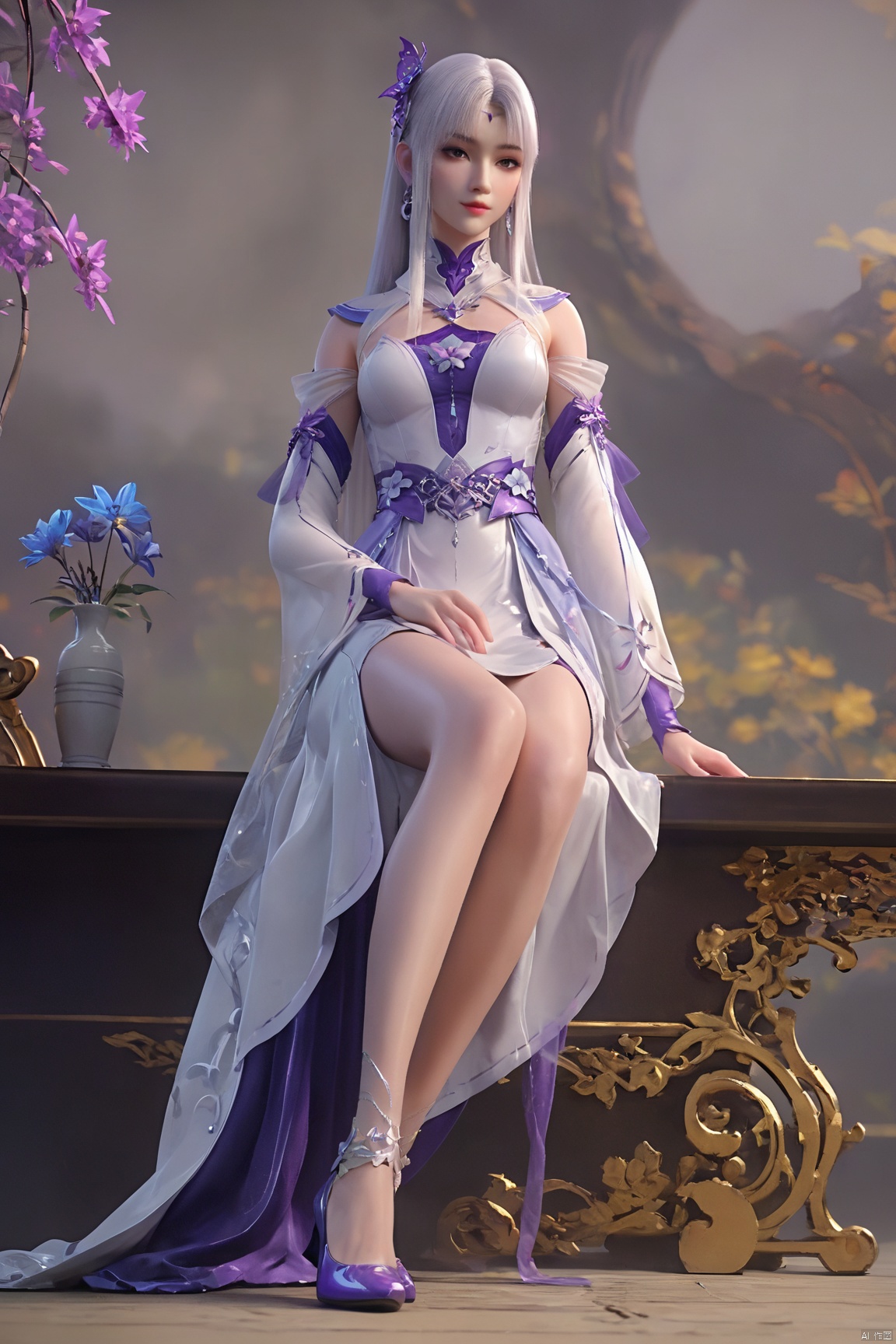 score_9_up,score_8_up,score_7_up, XYX,1girl, solo,shiny_skin, long hair, white gray hair, hair ornament, dress, jewelry, sitting, flower, white hair, earrings, detached sleeves, hair flower, white dress, high heels, purple footwear,