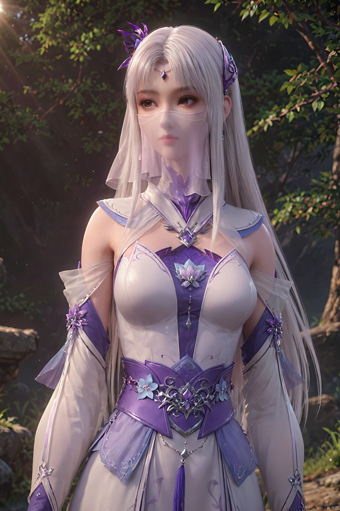 score_9_up,score_8_up,score_7_up, XYX,1girl, solo,shiny_skin, long hair, hair ornament, dress, closed mouth, upper body, white hair, detached sleeves, white dress, looking to the side, veil, sash, sunlight,