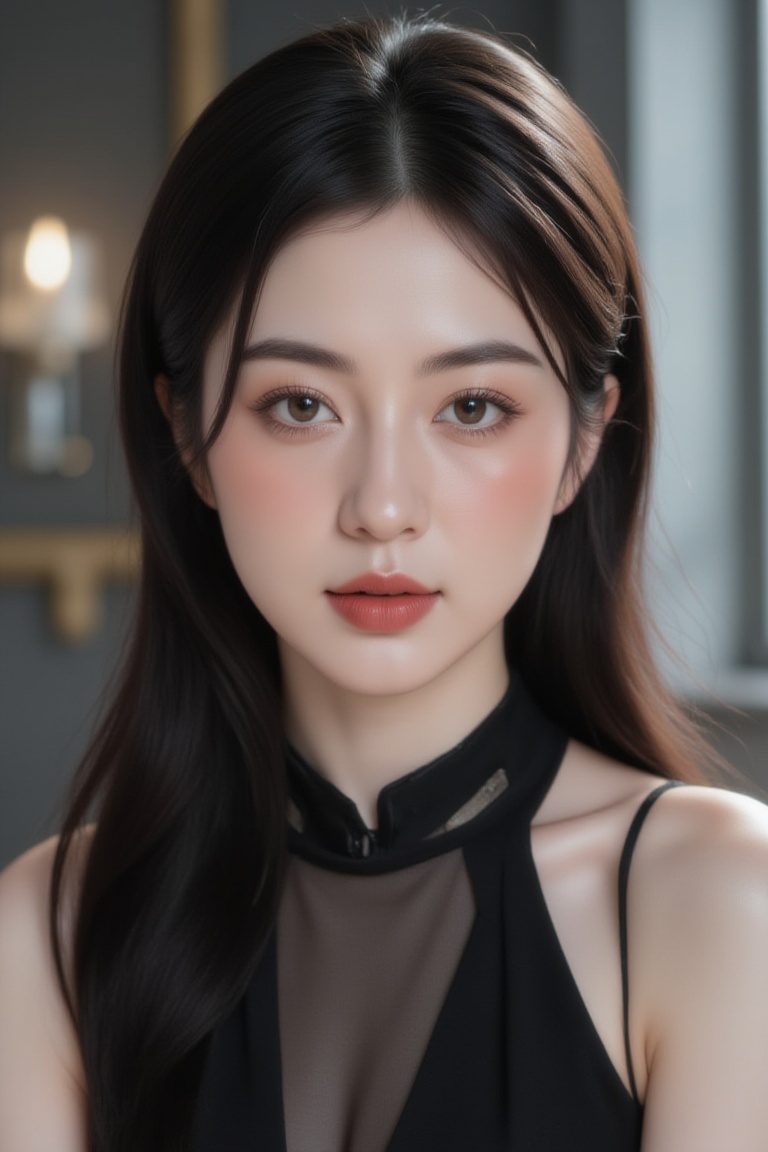 A portrait of a Korean woman wearing a black sleeveless dress. on Tensor.Art