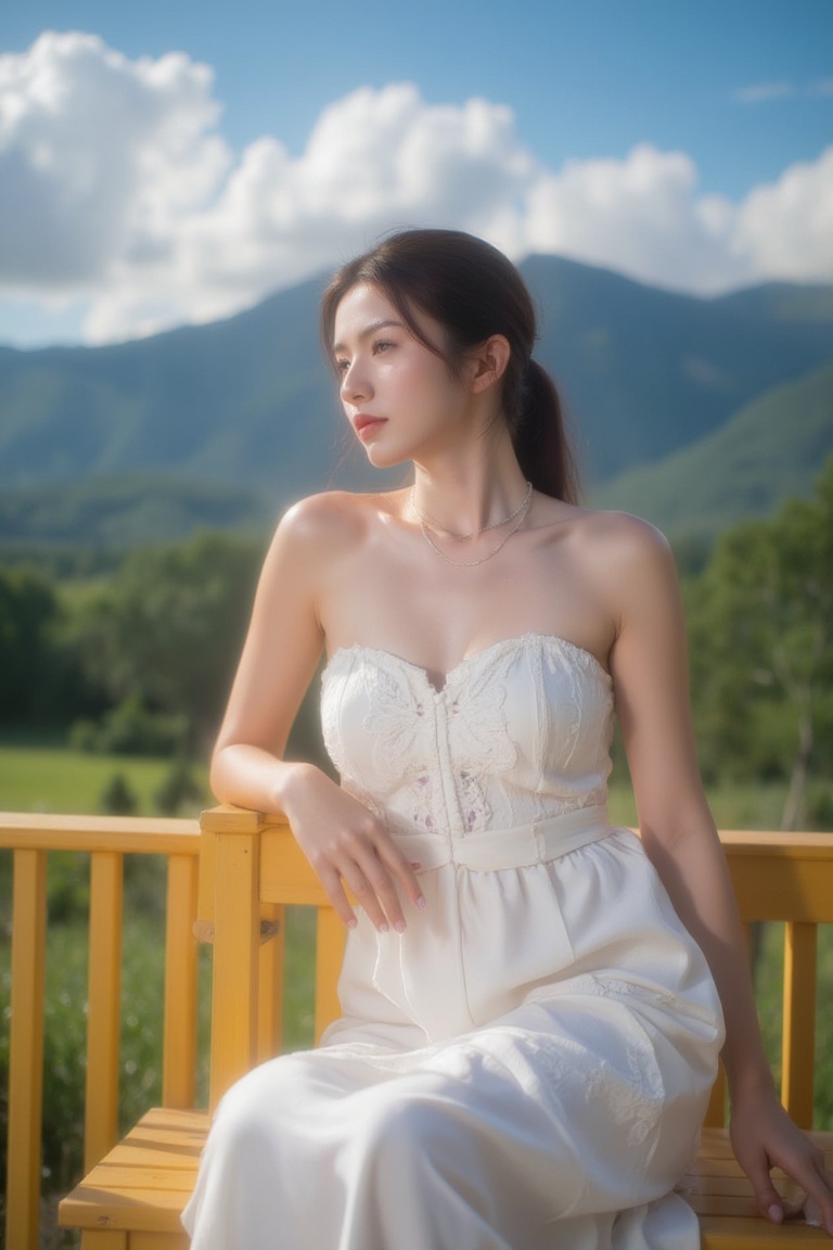 a woman is seated on a yellow wooden bench,  her left arm resting on the railing. She is wearing a white strapless dress,...