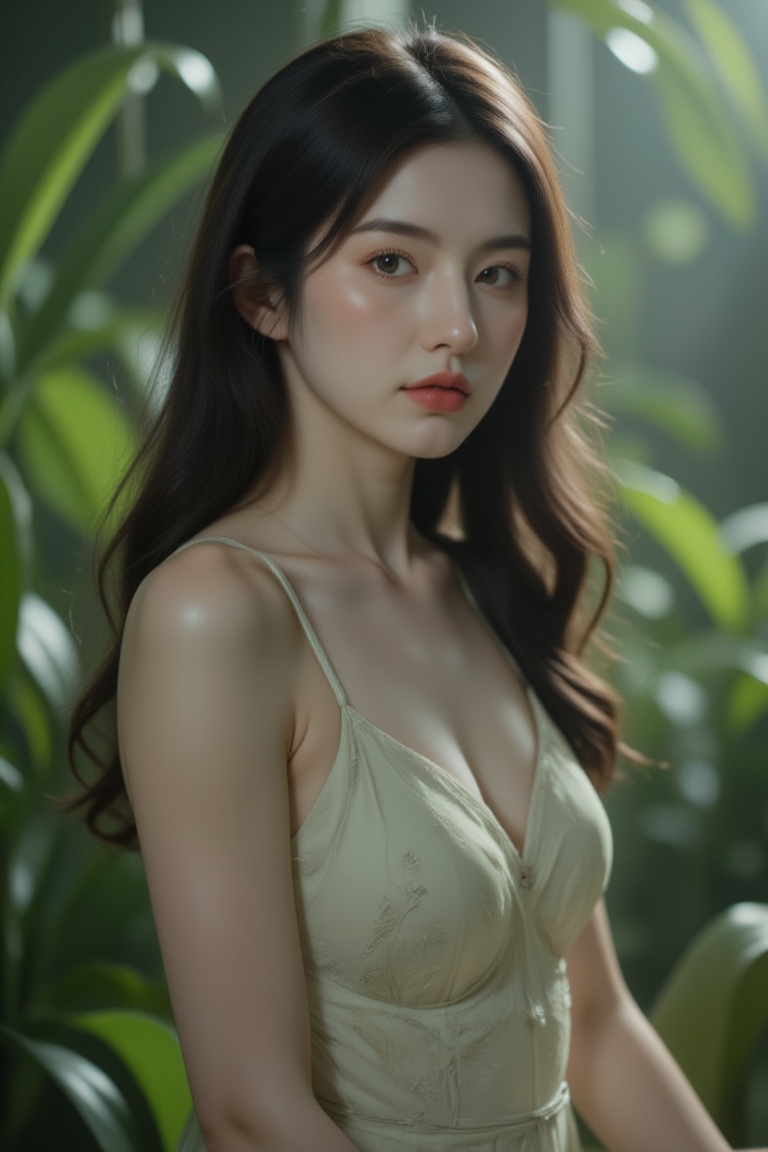 Soft focus captures the ethereal glow on her porcelain skin as she sits serenely amidst a lush green backdrop. Her raven t...