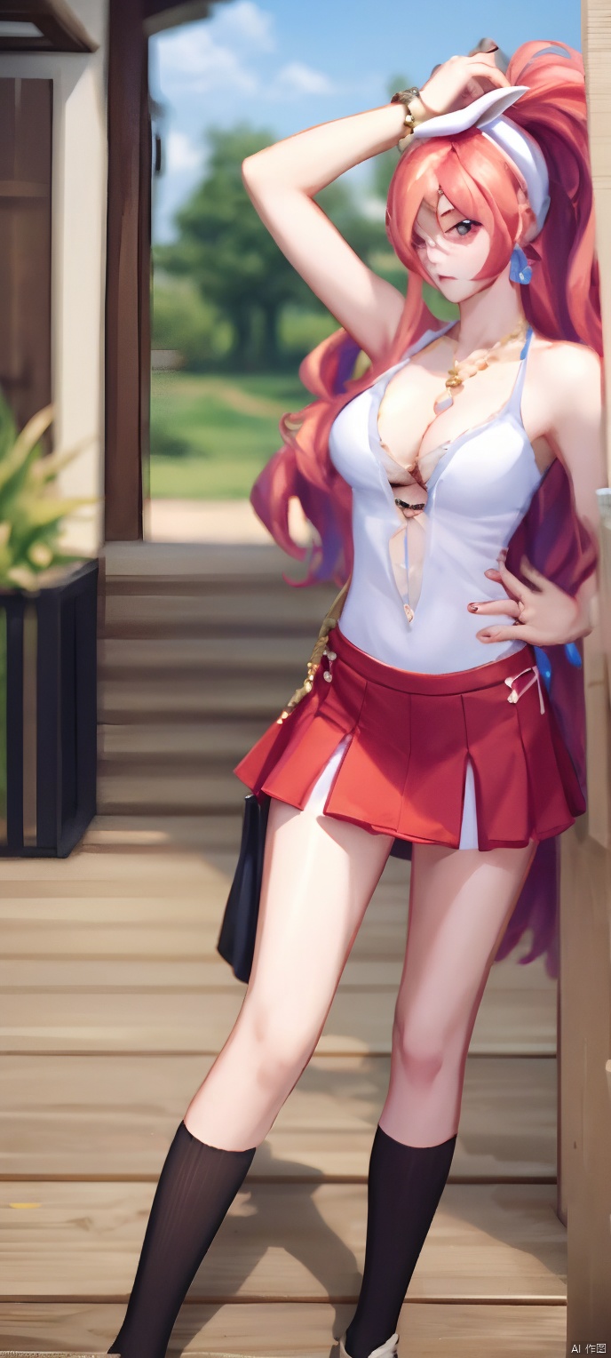 8K, best quality, photorealistic, raw photo, detailed skin, masterpiece quality, 1girl, solo, Red skirt, looking at viewer, masterpiece, best quality