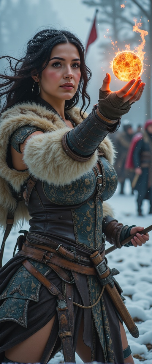 intensely focused Viking woman warrior with curly hair hurling a burning meteorite from her hand towards the viewer,  the...
