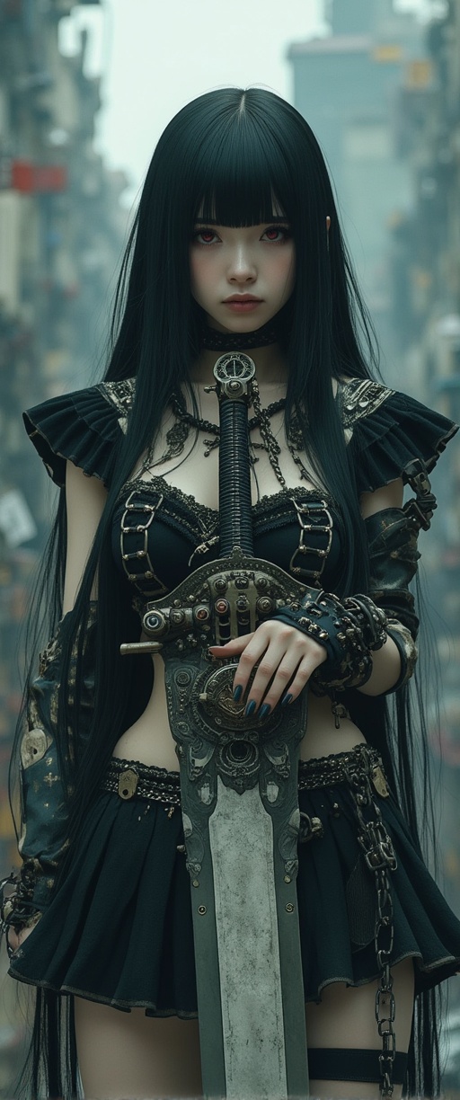 A masterpiece photograph shot on Canon EOS R6,  showcasing a stunning young woman with long,  black hair and striking red...