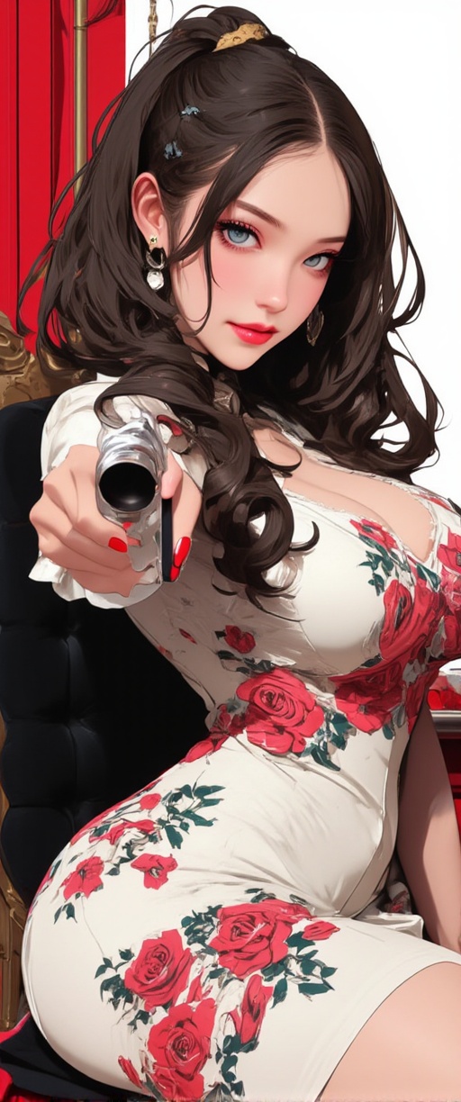 a medium-sized animated woman with long dark brown hair and dark blue eyes is seated on a black chair,  holding a gun in h...