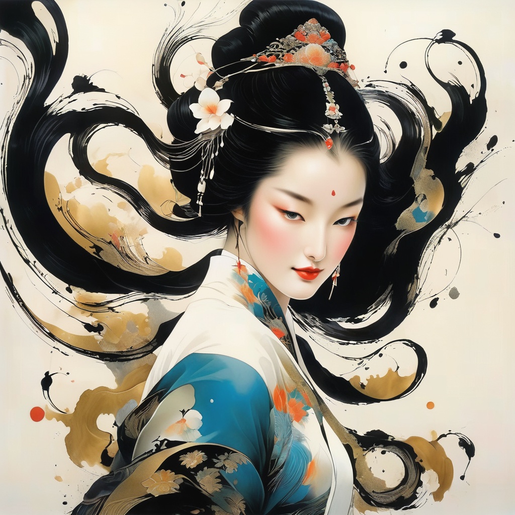 1 danceing girl face is photorealism ,  with black hair and a beautiful smile. ,  Splash Ink on Tensor.Art