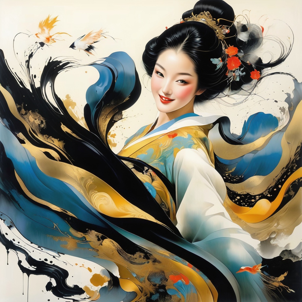 1 danceing girl face is photorealism ,  with black hair and a beautiful smile. ,  Splash Ink on Tensor.Art