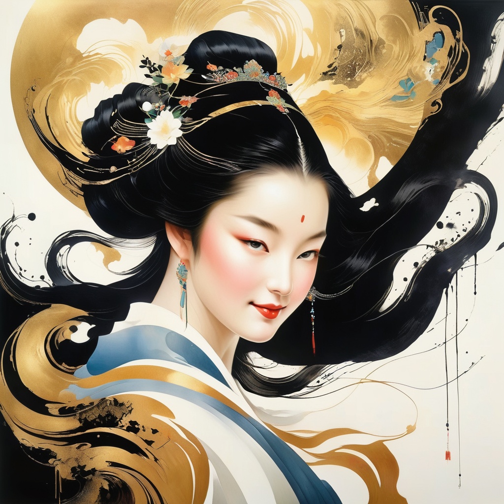 1 danceing girl face is photorealism ,  with black hair and a beautiful smile. ,  Splash Ink on Tensor.Art