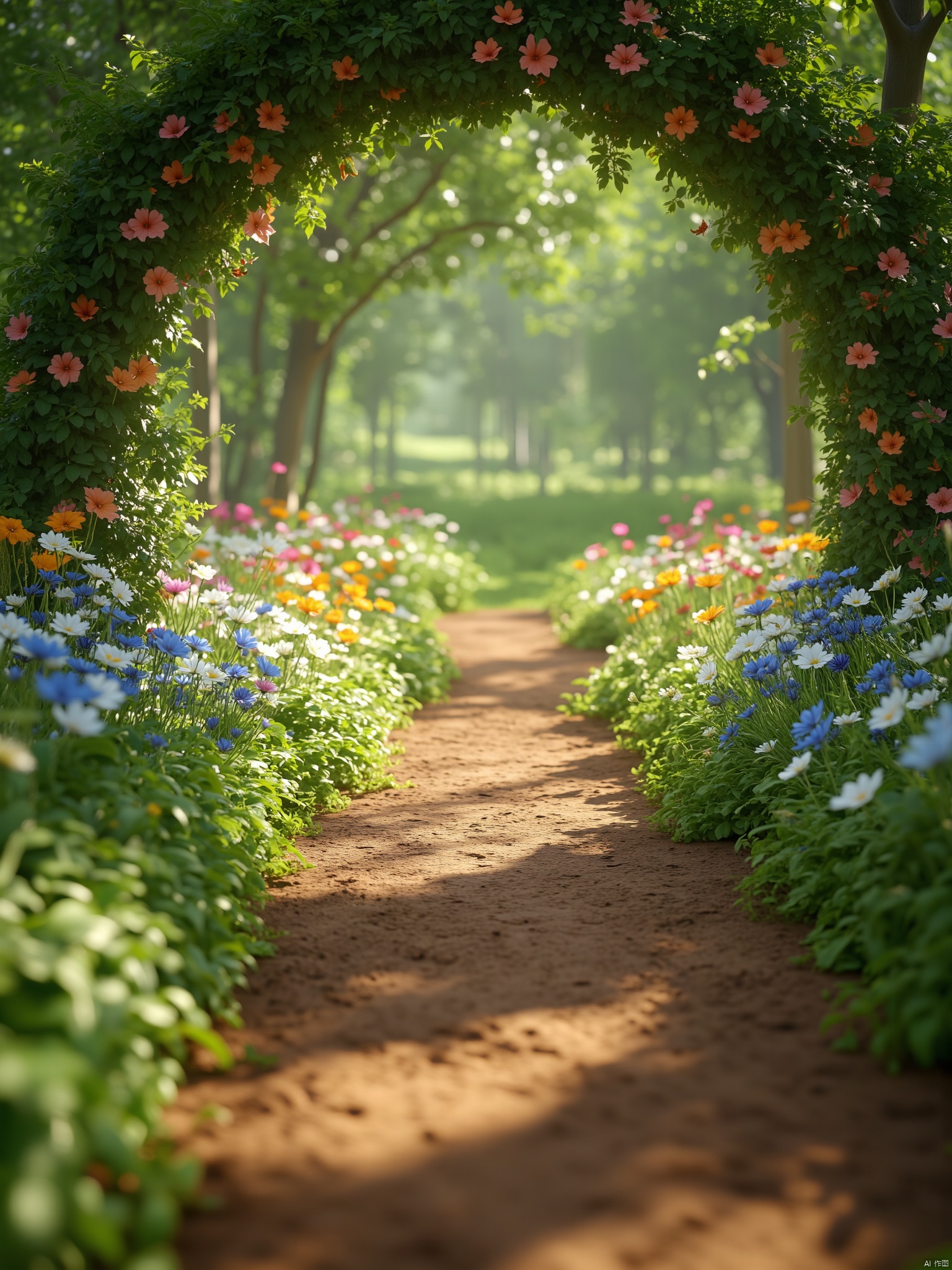 OBfjing,
a pathway is seen in a garden. The pathway is made up of brown dirt
creating a stark contrast with the vibrant colors of the flowers. To the left of the pathway
there are lush green plants
adding a touch of nature to the scene. In the distance
a lush green field stretches out to the horizon. The flowers are arranged in a way that creates a sense of depth and dimension. The leaves of the foliage are a vibrant green
adding depth to the overall composition.