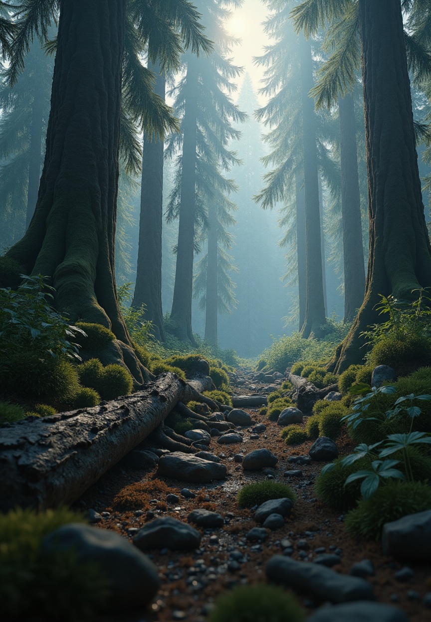 In a breathtaking ultra-realism close up image of dim lits deep inside jungle enviroment,  tall trees,  bushy on Tensor.Art
