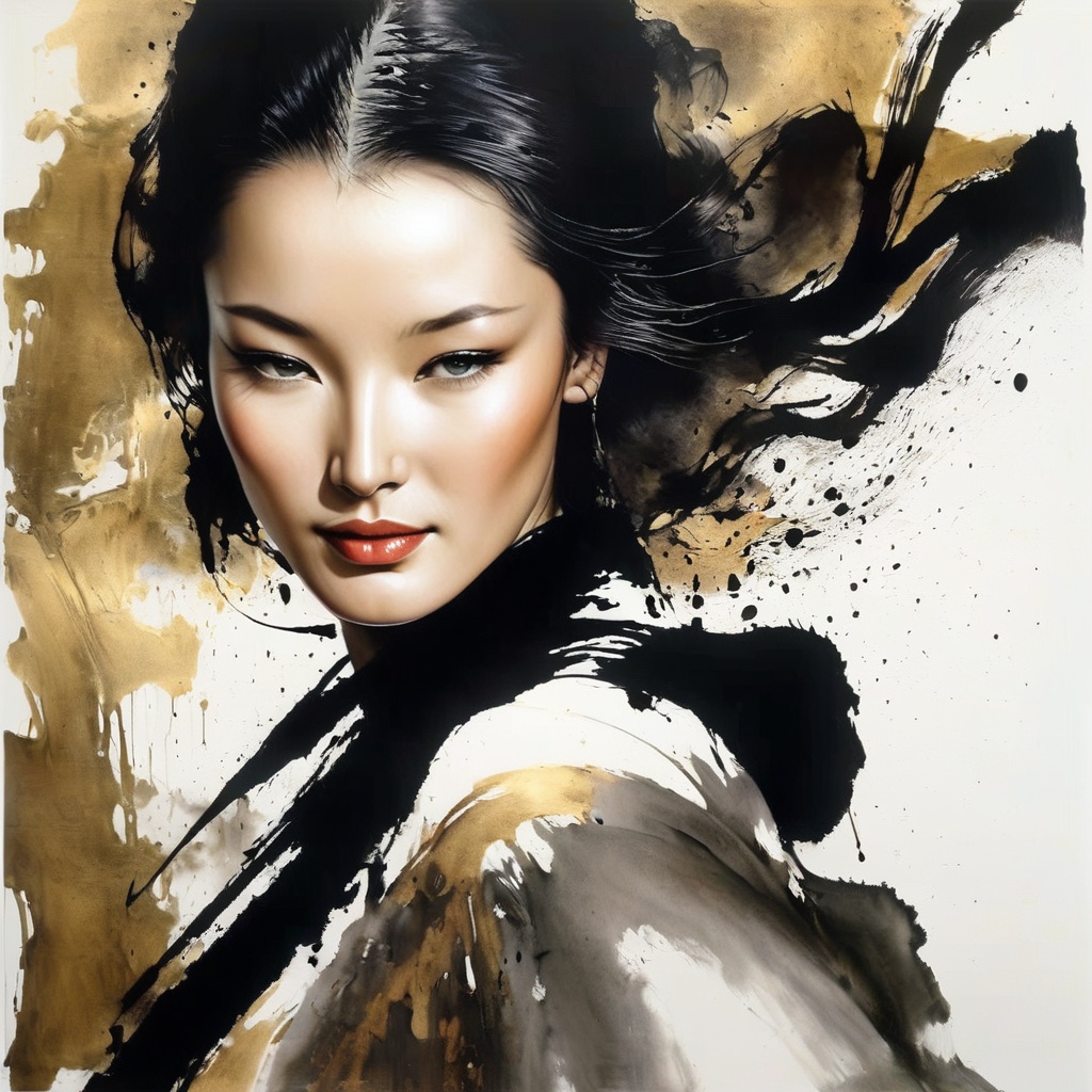 1 girl face is photorealism ,  danceing (( Ink Playing )),  Splash Ink on Tensor.Art