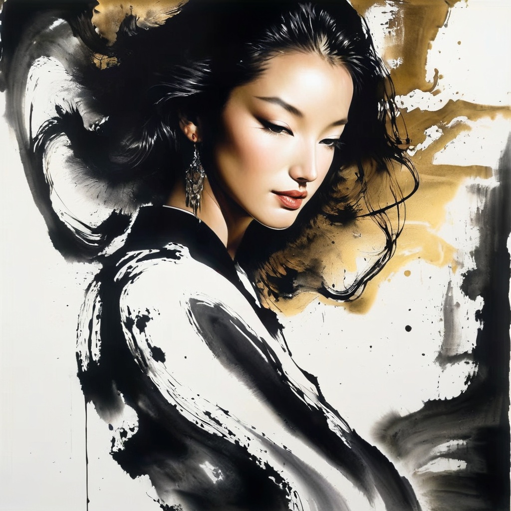 1 girl face is photorealism ,  danceing (( Ink Playing )),  Splash Ink on Tensor.Art