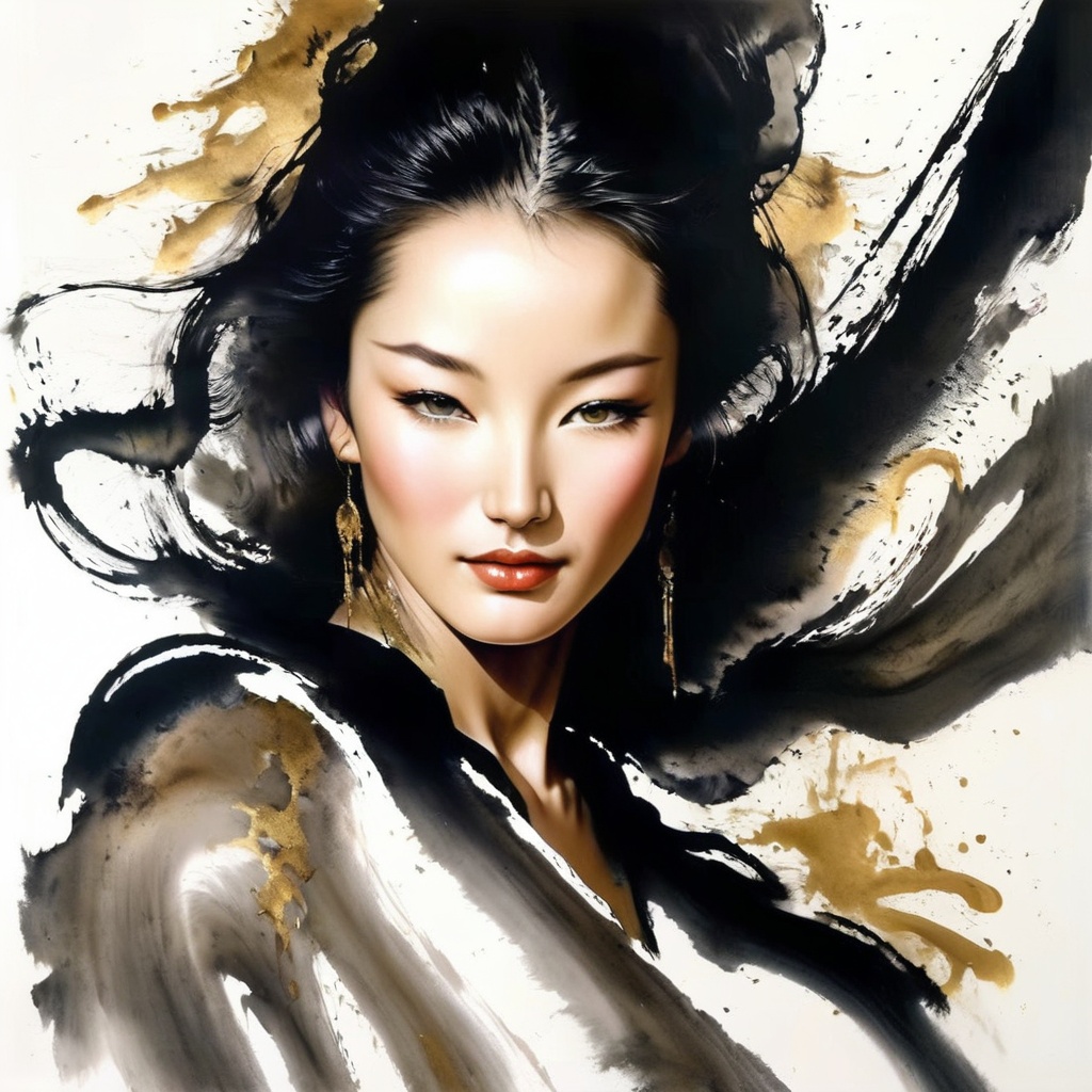 1 girl face is photorealism ,  danceing (( Ink Playing )),  Splash Ink on Tensor.Art