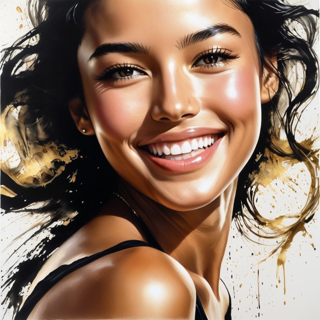 1 danceing girl face is photorealism ,  with (Goden / black) hair and a beautiful smile. ,  Splash Ink on Tensor.Art