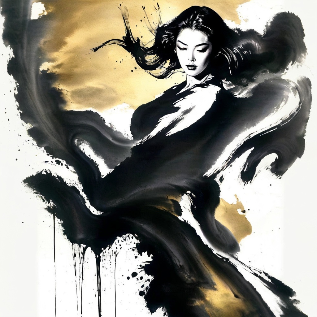 1 girl face is photorealism ,  danceing (( Ink Playing )),  Splash Ink on Tensor.Art