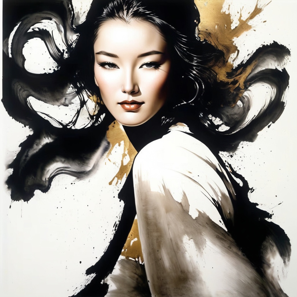 1 girl face is photorealism ,  danceing (( Ink Playing )),  Splash Ink on Tensor.Art