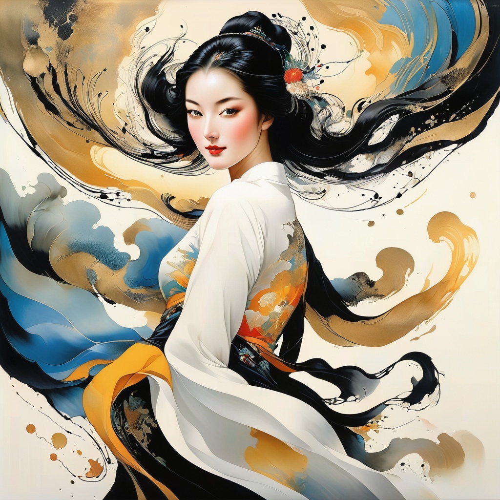 1 danceing girl face is photorealism ,  with black hair and a beautiful smile. ,  Splash Ink on Tensor.Art