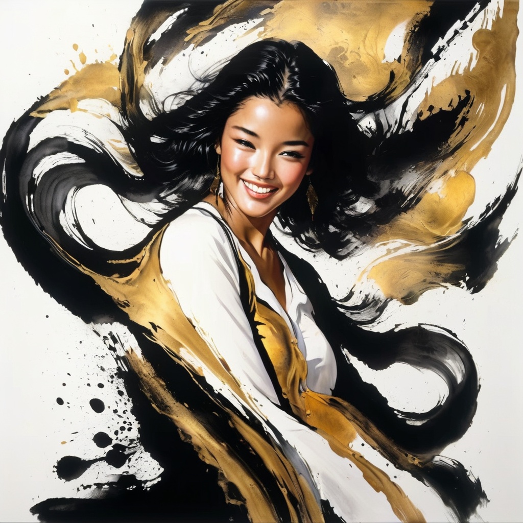 1 danceing girl face is photorealism ,  with (Goden / black) hair and a beautiful smile. ,  Splash Ink on Tensor.Art