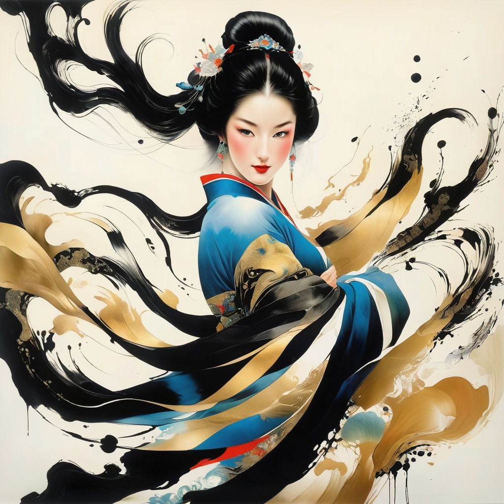 1 danceing girl face is photorealism ,  with black hair and a beautiful smile. ,  Splash Ink on Tensor.Art