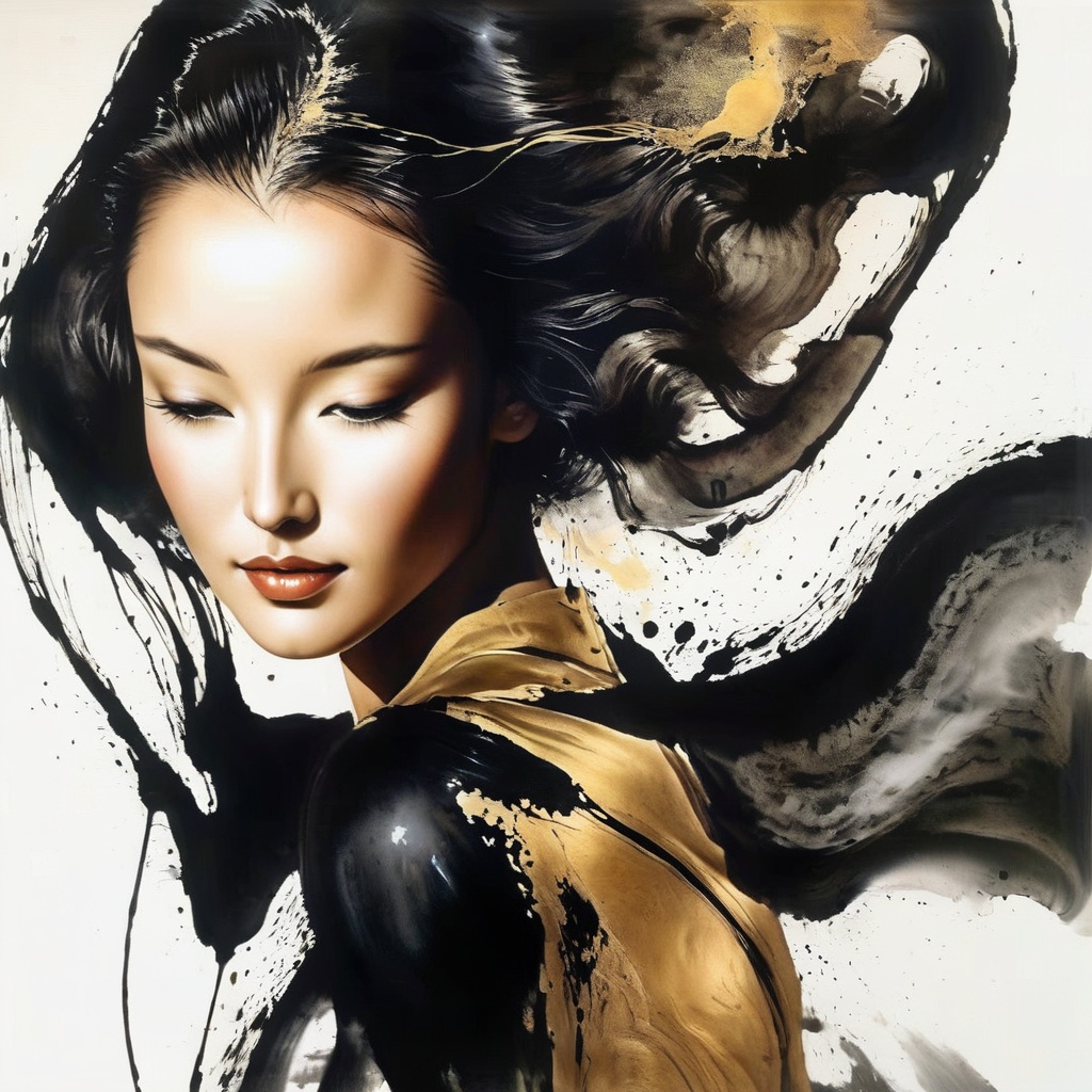1 girl face is photorealism ,  danceing (( Ink Playing )),  Splash Ink on Tensor.Art