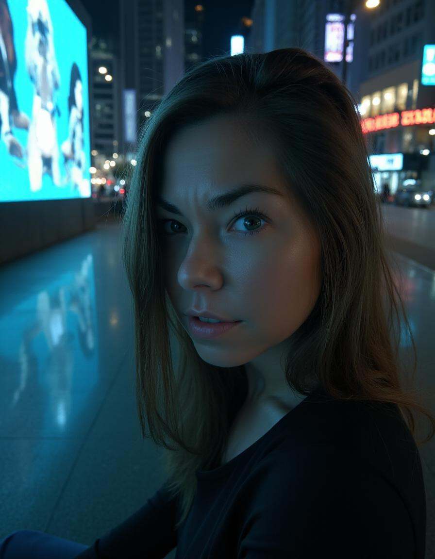 A moody and dramatic portrait of an young woman with cool-toned highlights on her face and warm hues in her hair,  in a ci...