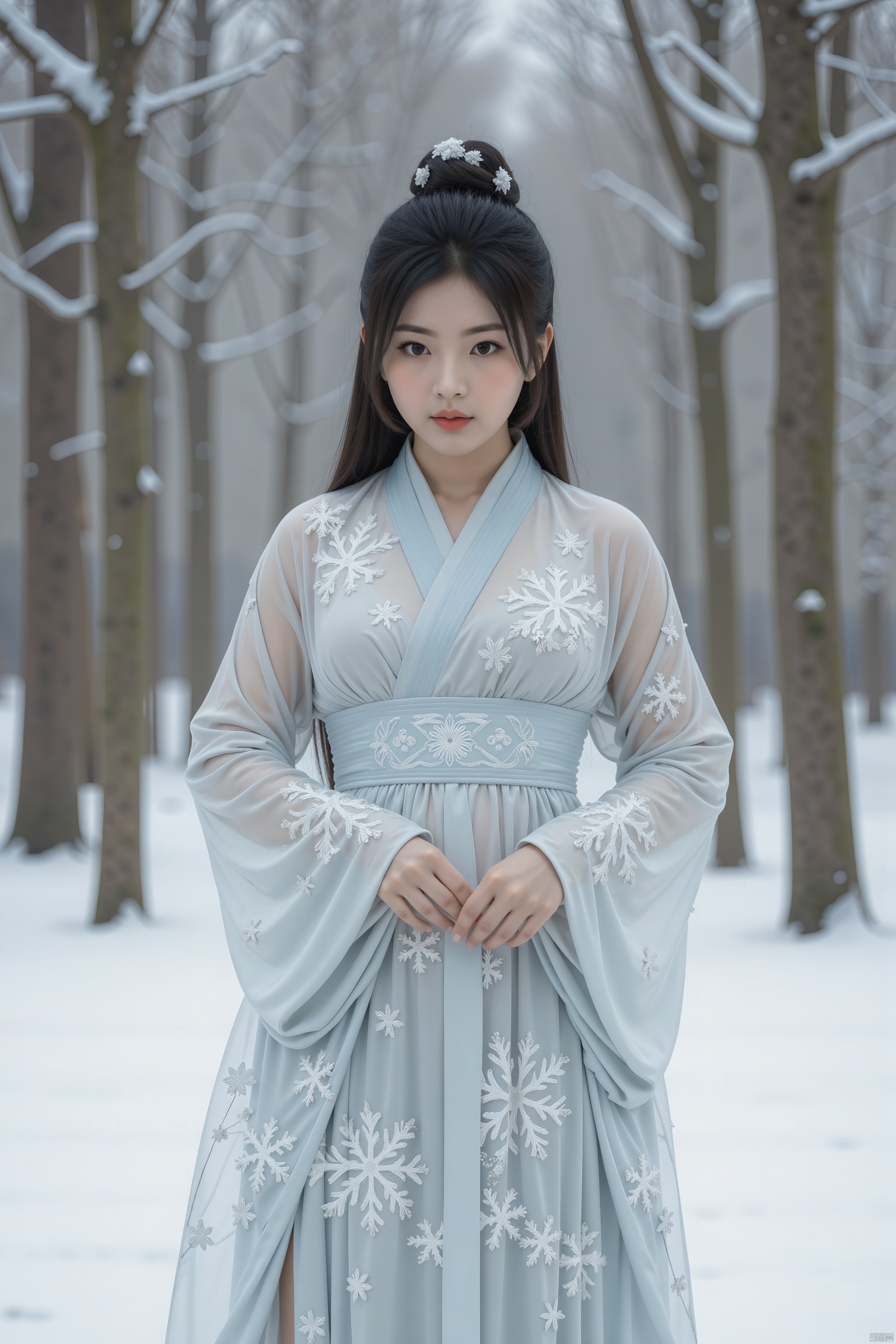 A stunning Chinese young woman in a shimmering silver hanfu with intricate snowflake designs, standing in a snow-covered forest. The snow gently falls around her as her hanfu glimmers in the soft light. Her poised stance and the serene winter landscape create an image of quiet elegance and ethereal charm, as she seems to blend effortlessly into the frosty surroundings.