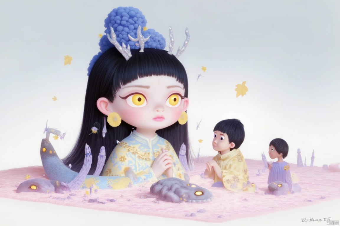 a medium-sized cartoon girl with long black hair, a blue headdress adorned with a crown of antlers, is adorned with bright yellow eyes and pink lips. Her dress is adorned in a yellow pattern, adorned with yellow flowers and leaves. She stands in a pink carpet, her hands clasped in front of her. To the right of her, a small child with black hair is standing, looking up at the girl. To her left, a gray lizard with yellow eyes is positioned on the carpet, adding a pop of color to the scene.