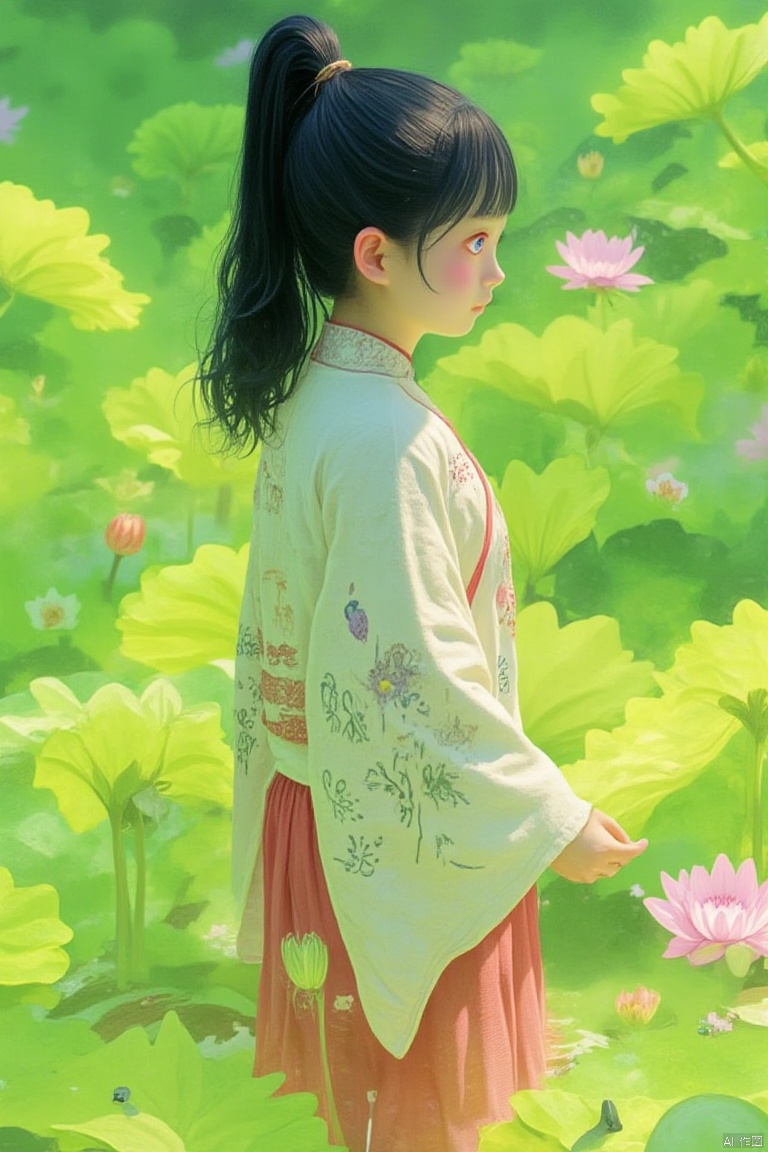 This style comes from yt Dream,a young Asian woman stands in a field of lily pads. She is dressed in a traditional Chinese dress, adorned with a cream-colored kimono-style jacket and a red skirt. Her hair is pulled back in a bun, adding a pop of color to the scene. Her eyes are a piercing blue, and her hair is styled in a ponytail. The backdrop is a verdant green, and the leaves of the lotus are a vibrant shade of green.,yt dream