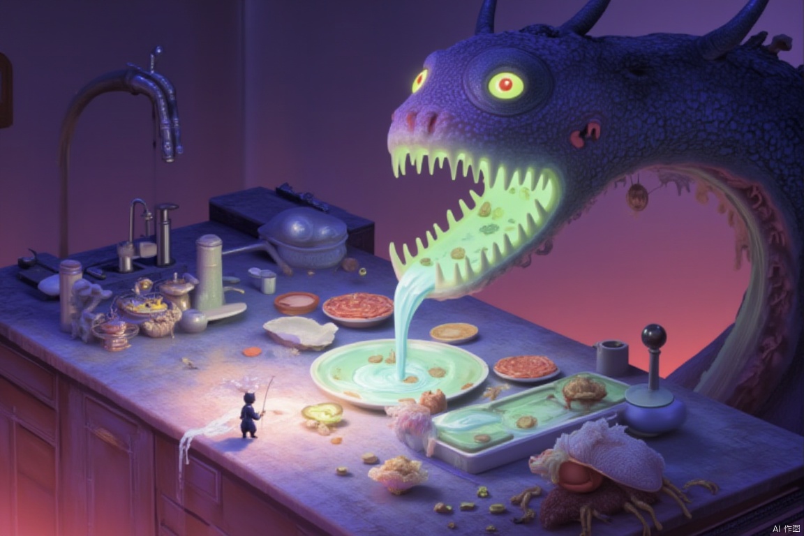 From Ant-Man's perspective, the tiny figure looks up at the huge kitchen. A cockroach stares at it with a faint green eye. The faucet seems to turn into a giant snake, with saliva flowing out of its mouth.
