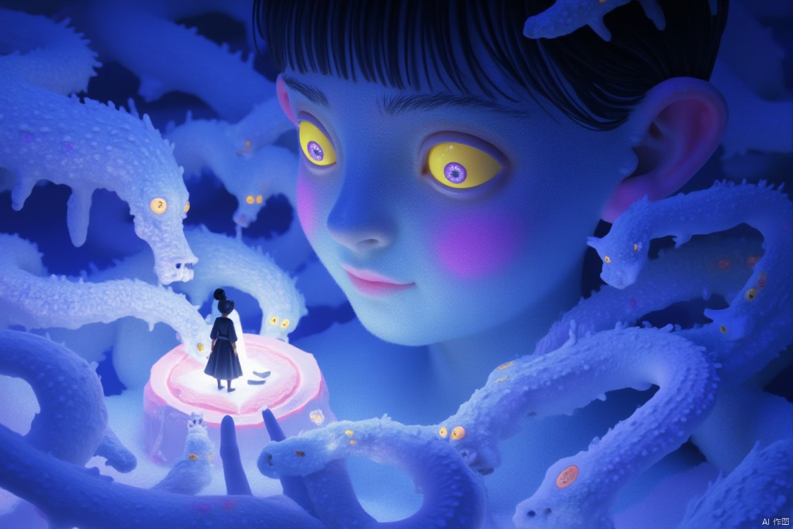 This mysterious and dreamy picture shows a unique half-length figure. He has eye-catching blue skin, like a gem in the deep sea, shining with mysterious light. The most attractive thing is his pair of eyes that seem to be able to see into the soul. The pale yellow light shines through the pupils, which is both deep and charming.

The facial expression of this character is exaggerated and vivid, and the pink blush adds a bit of playfulness and cuteness to his face, making him look mysterious yet approachable. The corners of his mouth were slightly raised, as if he were smiling, but there seemed to be hidden secrets in his eyes, which attracted people's imagination.

His hands held an exquisite small model in an almost divine gesture - a little girl dressed in black. She stood quietly on a circular platform, like a princess waiting to be awakened. This detail not only shows the delicate emotional world of the characters in the picture, but also adds to the layering and storytelling of the picture.

The seahorse-like creatures surrounding it add a touch of fantasy to the whole scene. They swim lightly in the water or in the air, as if they share this mysterious and peaceful space with this half-length figure. The existence of these creatures makes people wonder what kind of world this is and what kind of stories are waiting to be revealed. .This style comes from yt Dream