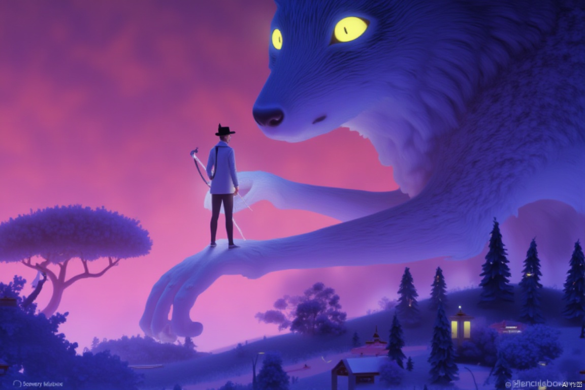 Rendering of a man standing on the arms of a giant fox demon. The man was wearing a gray jacket, black pants and a black hat. He holds a bow in his right hand. The vixen's head is adorned with glowing yellow eyes. The background is dark pink and the scene is illuminated by artificial light. There are trees, shrubs and small buildings in the foreground. The scene is set against a pink sky.