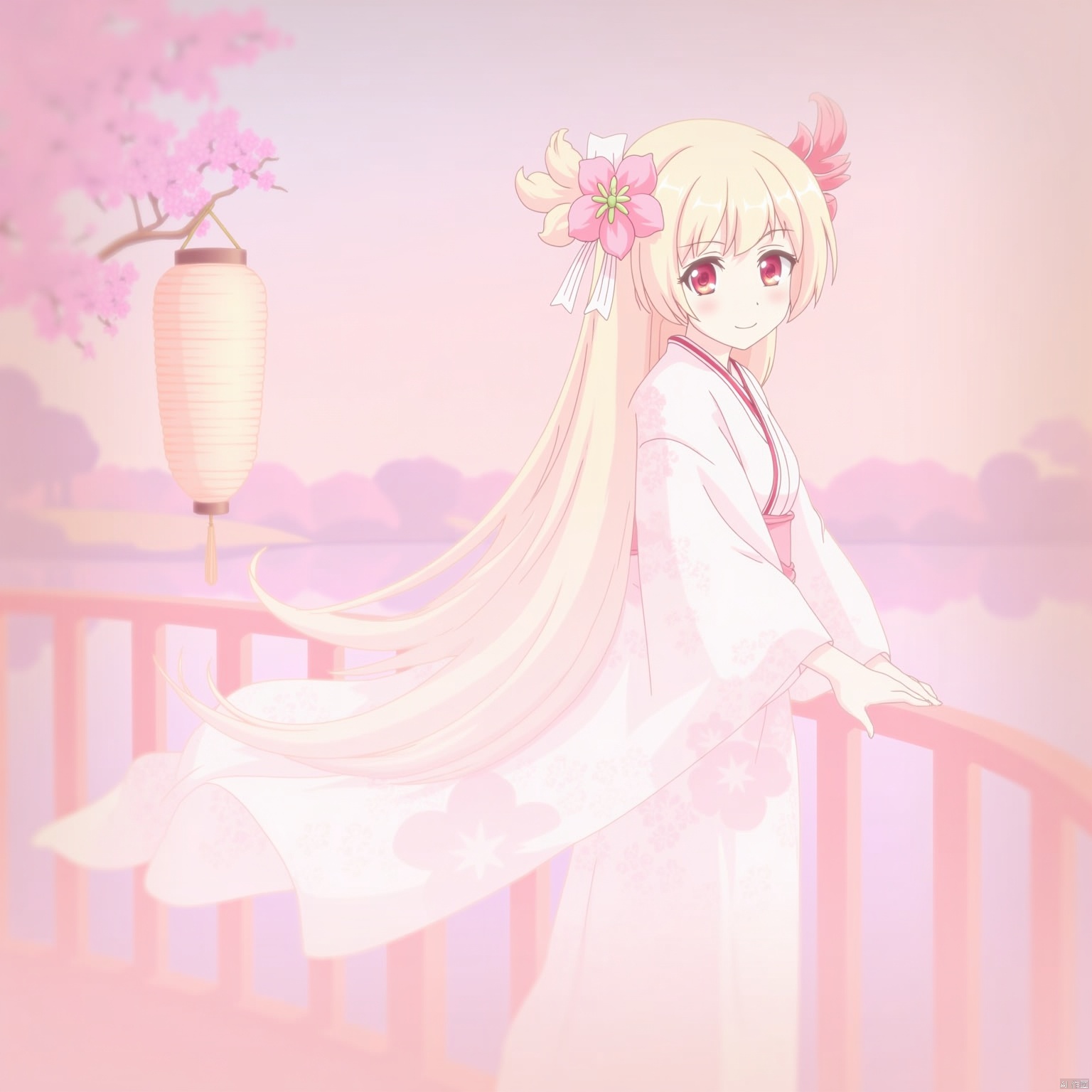 A serene Japanese scene unfolds as a beautiful girl with long, flowing hair and vibrant red eyes gazes directly at the viewer. Her bangs frame her blushing face, adorned with a delicate hair ornament and a subtle smile. She wears a stunning white kimono with floral prints of cherry blossoms, paired with a pink flower tucked behind her ear. Animal ears sprout from her head, adding to her whimsical charm. In the background, a paper lantern hangs from a railing on a bridge overlooking a serene pond, its water's surface reflecting the beauty above. The subject's hair flows like a waterfall over her shoulder, as she stands with one hand grasping the railing, her long sleeves and wide obi adding depth to the composition. The image is set against a soft, blurry foreground, allowing the viewer's attention to remain on the captivating girl.