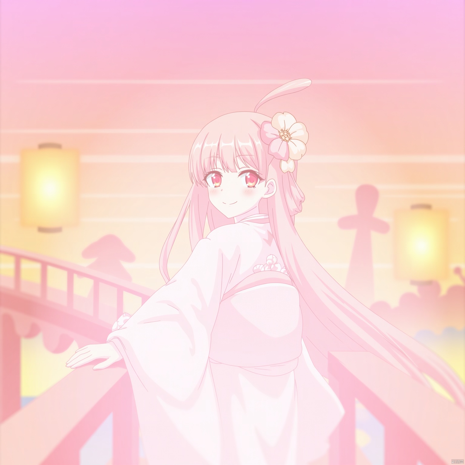 A serene Japanese scene unfolds as a beautiful girl with long, flowing hair and vibrant red eyes gazes directly at the viewer. Her bangs frame her blushing face, adorned with a delicate hair ornament and a subtle smile. She wears a stunning white kimono with floral prints of cherry blossoms, paired with a pink flower tucked behind her ear. Animal ears sprout from her head, adding to her whimsical charm. In the background, a paper lantern hangs from a railing on a bridge overlooking a serene pond, its water's surface reflecting the beauty above. The subject's hair flows like a waterfall over her shoulder, as she stands with one hand grasping the railing, her long sleeves and wide obi adding depth to the composition. The image is set against a soft, blurry foreground, allowing the viewer's attention to remain on the captivating girl.