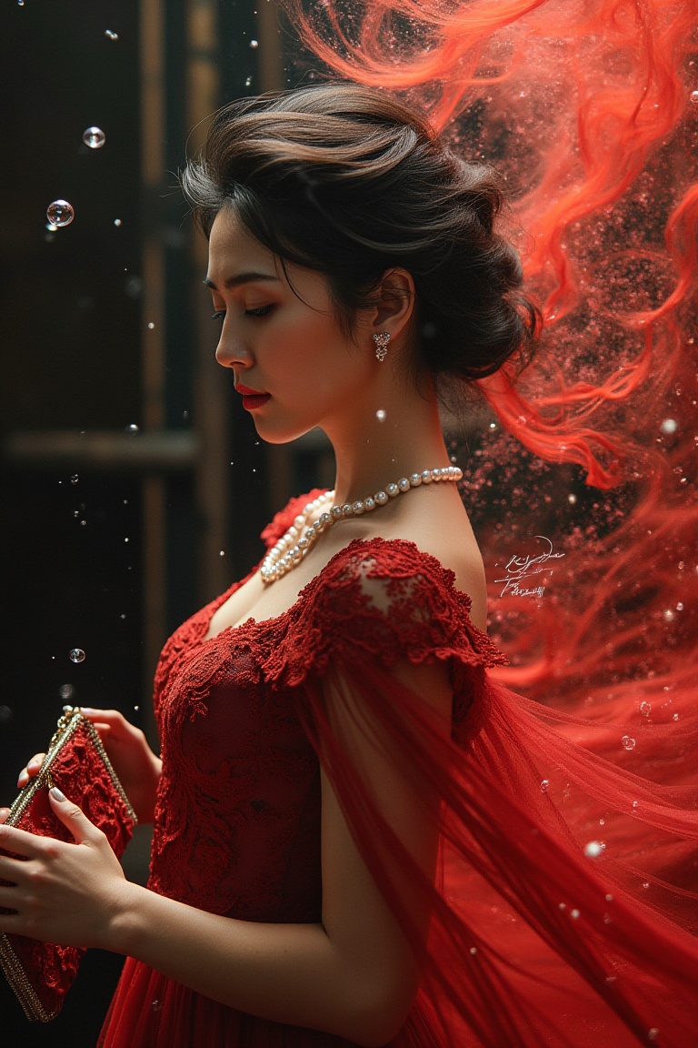 A solitary girl in a romantic setting,  adorned in a breathtaking Romantic Lace Dress,  crimson or burgundy by 水化学 on Tens...