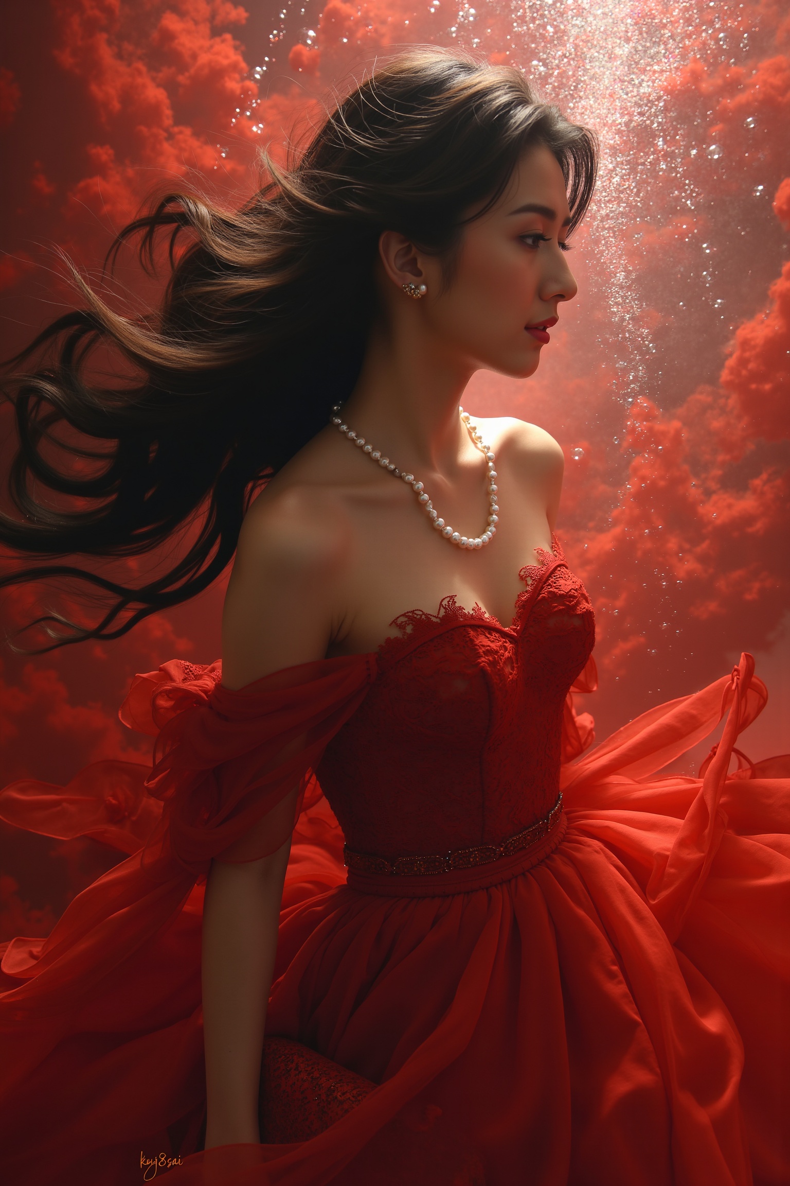 A solitary girl in a romantic setting,  adorned in a breathtaking Romantic Lace Dress,  crimson or burgundy by 水化学 on Tens...