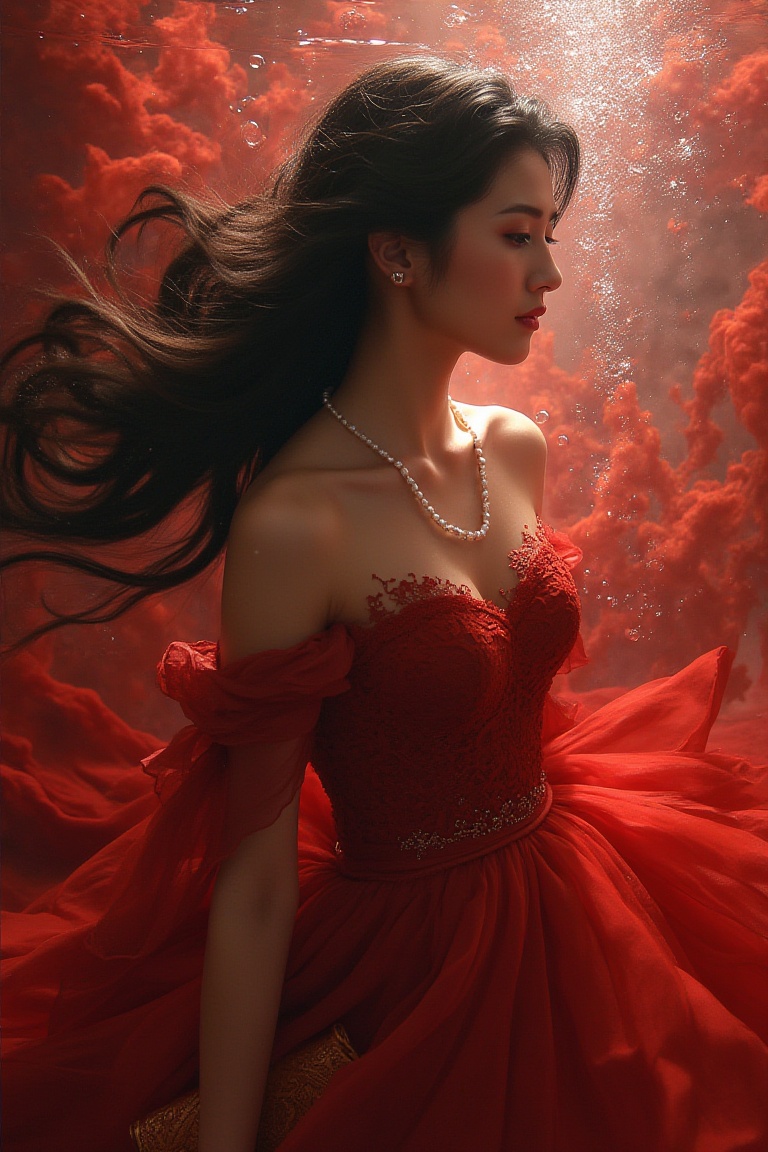 A solitary girl in a romantic setting,  adorned in a breathtaking Romantic Lace Dress,  crimson or burgundy by 水化学 on Tens...