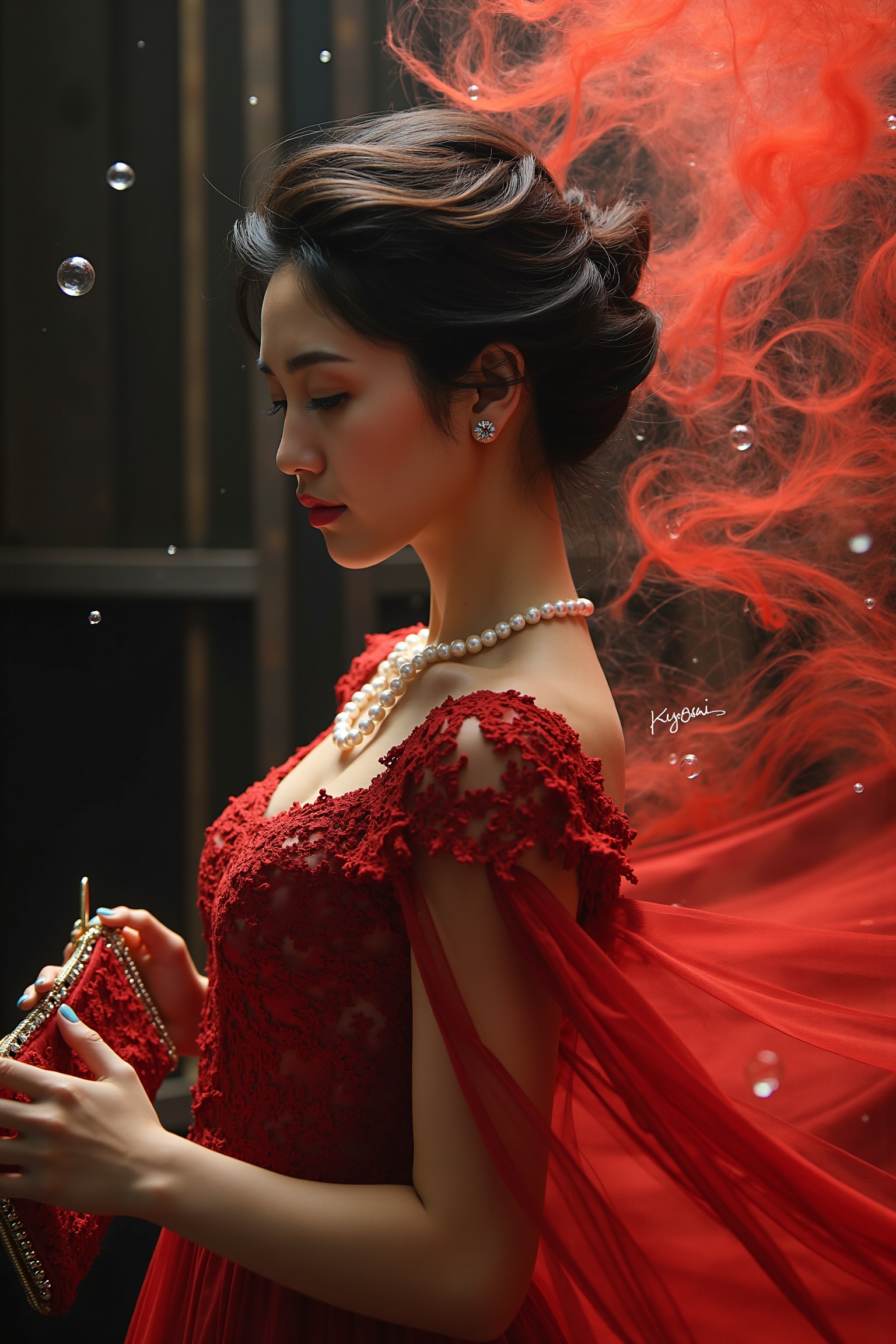 A solitary girl in a romantic setting,  adorned in a breathtaking Romantic Lace Dress,  crimson or burgundy by 水化学 on Tens...