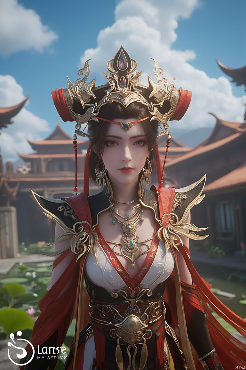 1girl, solo, breasts, looking at viewer, brown hair, black hair, hair ornament, dress, cleavage, jewelry, big breasts, upper body, earrings, parted lips, chinese clothes,Xdajisi,(Lotus, lotus pond, ancient Chinese architecture, blue sky and white clouds:1.29),Xjinpinger,Xluxueqi,XAerith,Xtifa,Xyuanyao