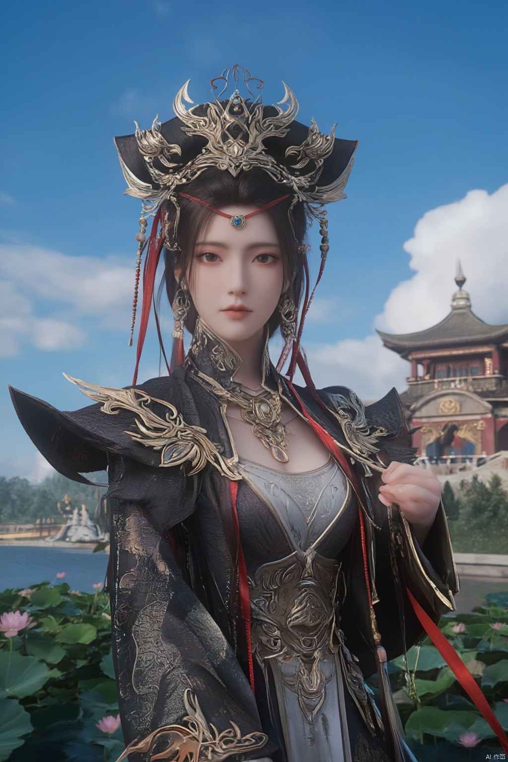 1girl, solo, breasts, looking at viewer, brown hair, black hair, hair ornament, dress, cleavage, jewelry, big breasts, upper body, earrings, parted lips, chinese clothes,Xdajisi,(Lotus, lotus pond, ancient Chinese architecture, blue sky and white clouds:1.29),Xjinpinger,Xluxueqi,XAerith,Xtifa,Xyuanyao
