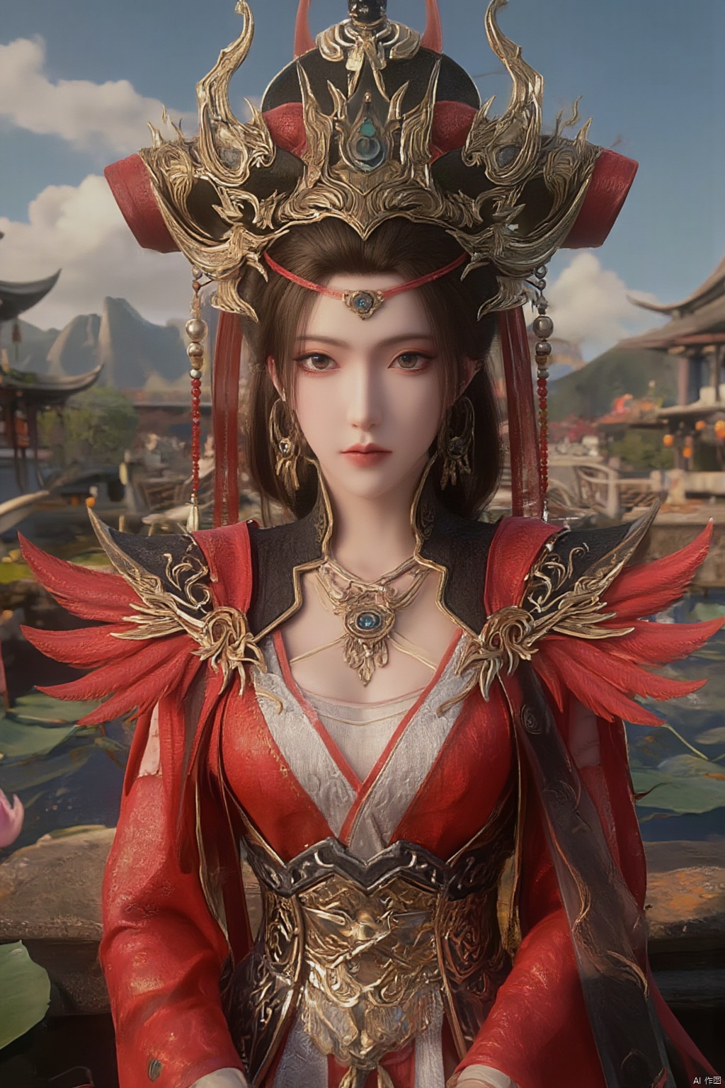 1girl, solo, breasts, looking at viewer, brown hair, black hair, hair ornament, dress, cleavage, jewelry, big breasts, upper body, earrings, parted lips, chinese clothes,Xdajisi,(Lotus, lotus pond, ancient Chinese architecture, blue sky and white clouds:1.29),Xjinpinger,Xluxueqi,XAerith,Xtifa,Xyuanyao