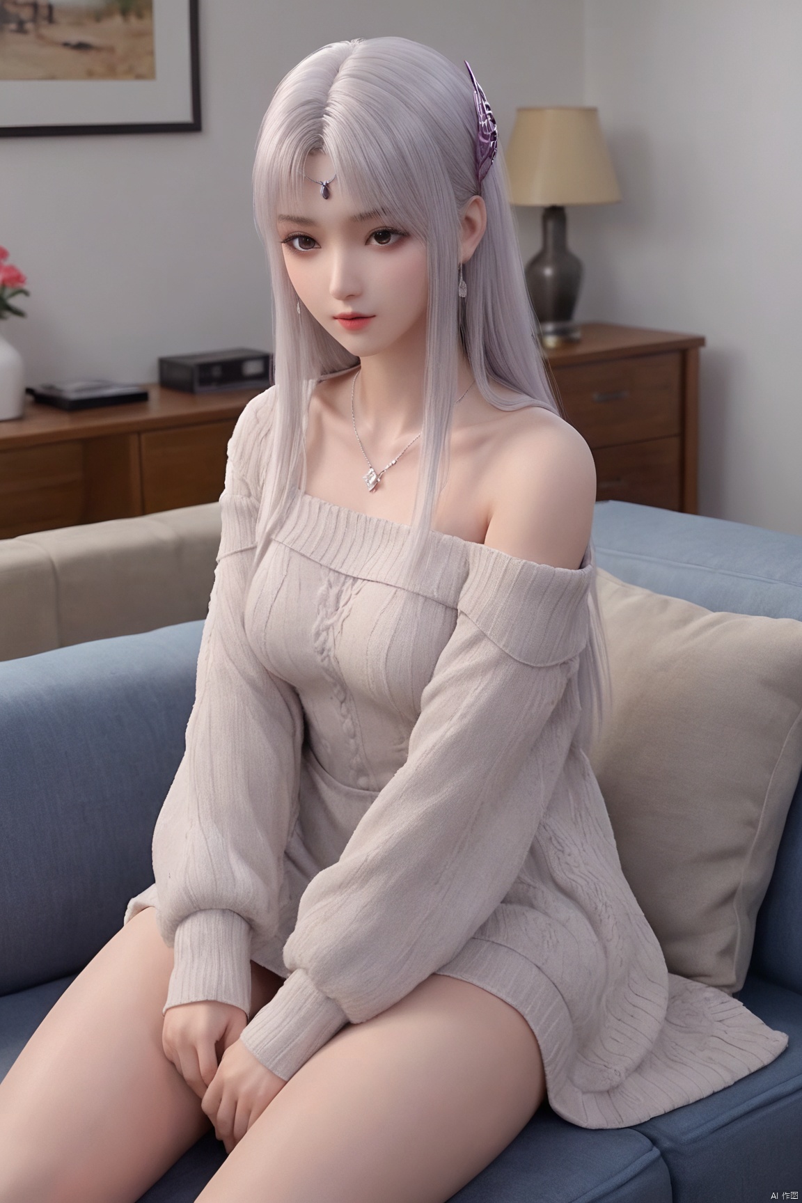 score_9_up,score_8_up,score_7_up, XYX,1girl, solo,shiny_skin, long hair, white gray hair, hair ornamen,(off-shoulder sweater:1.2),indoor,sitting on the sofa,