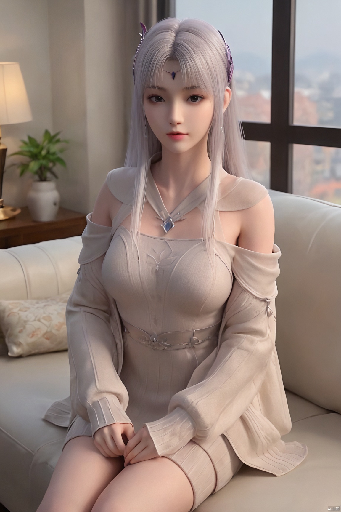 score_9_up,score_8_up,score_7_up, XYX,1girl, solo,shiny_skin, long hair, white gray hair, hair ornamen,(off-shoulder sweater:1.2),indoor,sitting on the sofa,