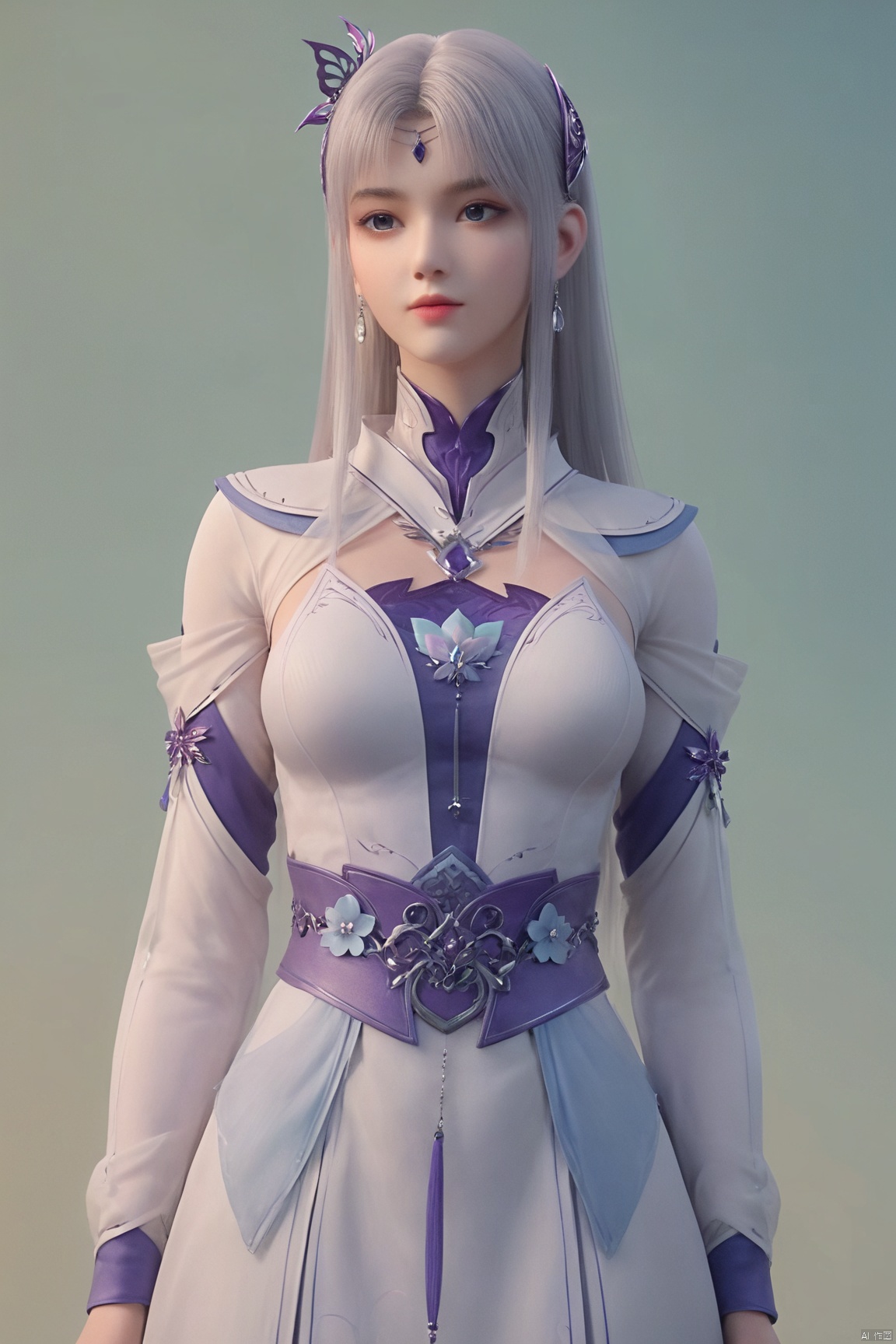 score_9_up,score_8_up,score_7_up, XYX,1girl, solo, long hair, breasts, blue eyes, white gray hair, hair ornament, long sleeves, separate sleeve ,dress, jewelry, upper body, earrings, necklace, white dress, sash, light
