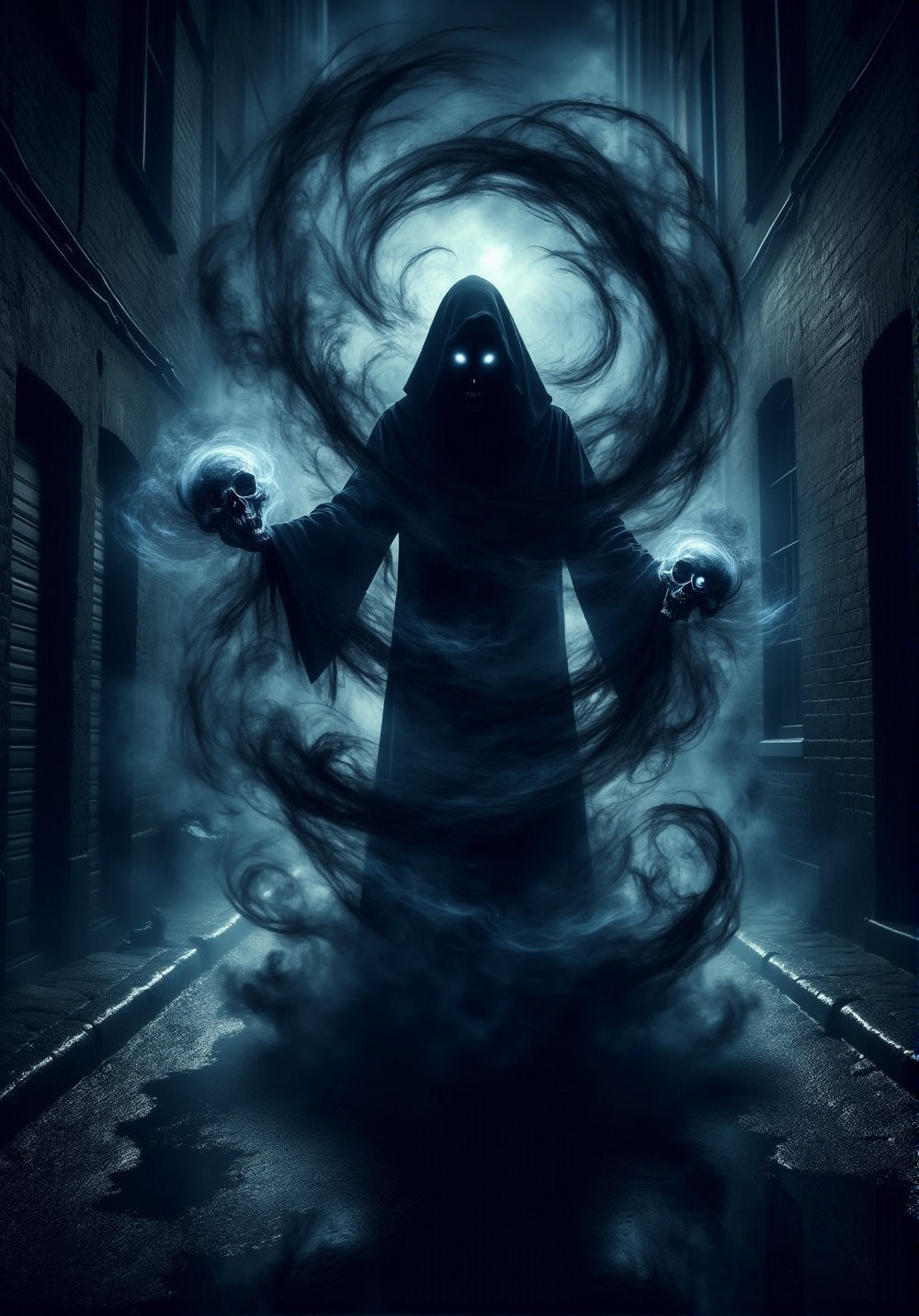 A dark alleyway at midnight,  a lone figure shrouded in shadows,  eyes aglow with an otherworldly intensity as they conjur...