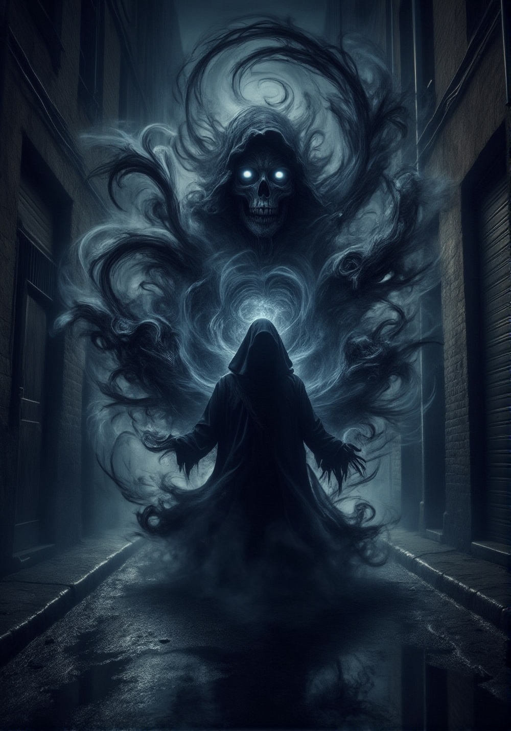 A dark alleyway at midnight,  a lone figure shrouded in shadows,  eyes aglow with an otherworldly intensity as they conjur...