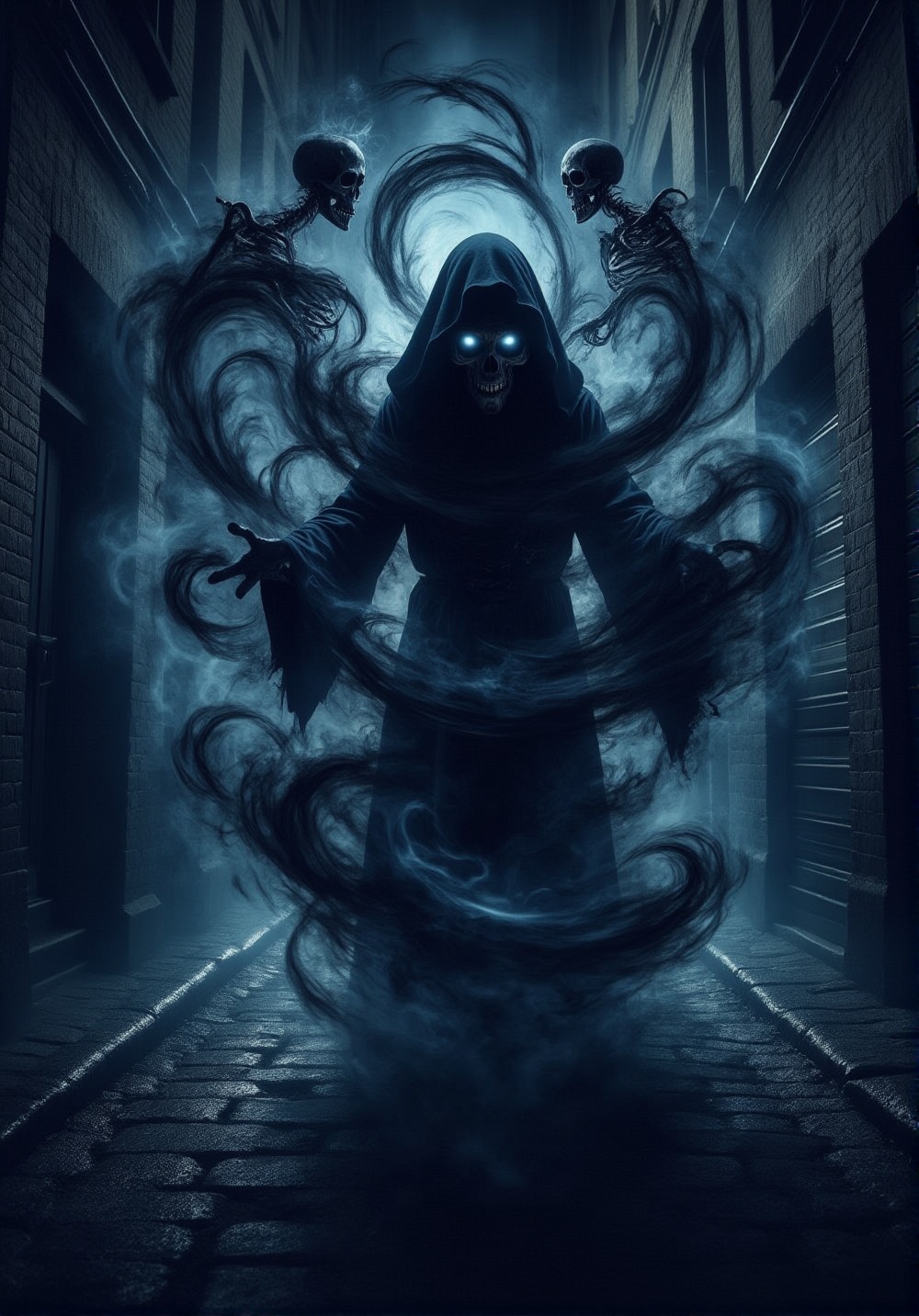 A dark alleyway at midnight,  a lone figure shrouded in shadows,  eyes aglow with an otherworldly intensity as they conjur...