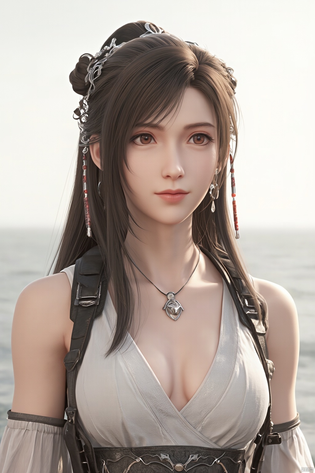 1girl, solo, breasts, looking at viewer, brown hair, black hair, hair ornament, dress, cleavage, jewelry, big breasts, upper body, earrings, parted lips, chinese clothes,Xdajisi,Xluxueqi,Xyunxiao