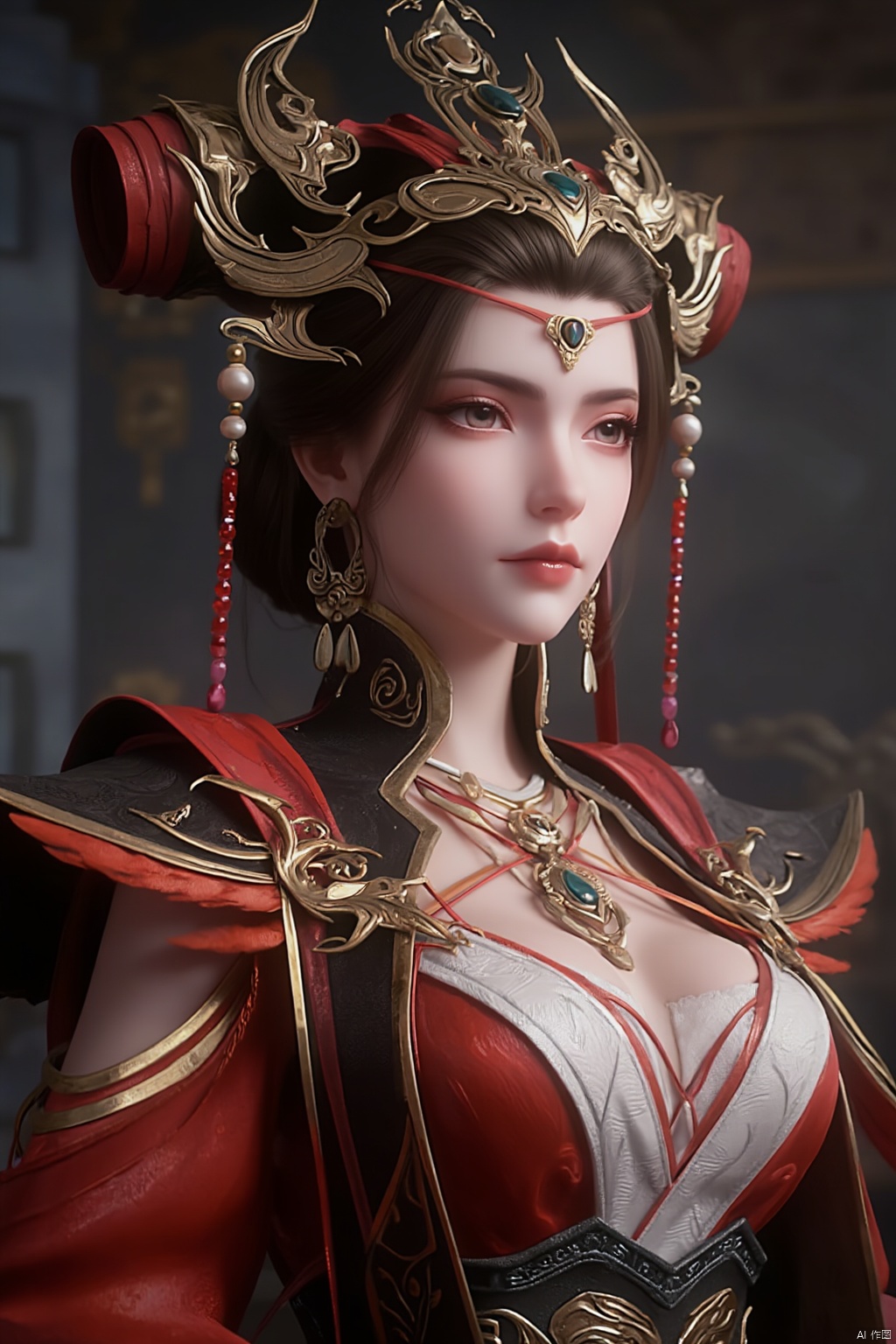 1girl, solo, breasts, looking at viewer, brown hair, black hair, hair ornament, dress, cleavage, jewelry, big breasts, upper body, earrings, parted lips, chinese clothes,Xdajisi,Xluxueqi,Xyunxiao