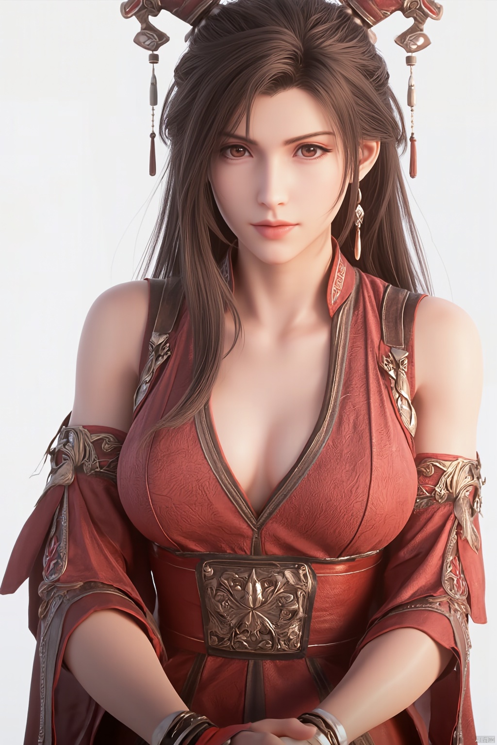 1girl, solo, breasts, looking at viewer, brown hair, black hair, hair ornament, dress, cleavage, jewelry, big breasts, upper body, earrings, parted lips, chinese clothes,Xdajisi,Xluxueqi,Xyunxiao