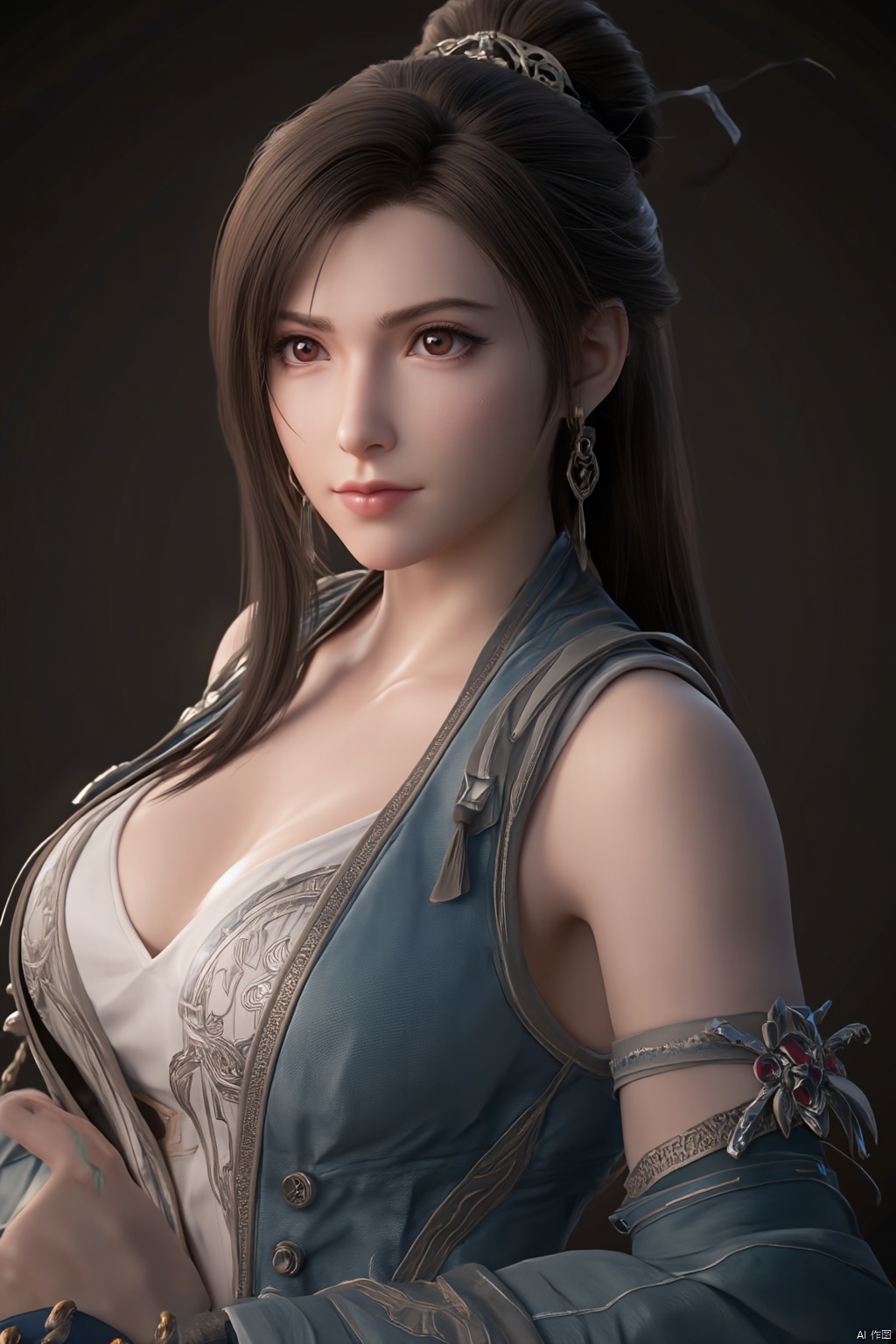 1girl, solo, breasts, looking at viewer, brown hair, black hair, hair ornament, dress, cleavage, jewelry, big breasts, upper body, earrings, parted lips, chinese clothes,Xdajisi,Xluxueqi,Xyunxiao